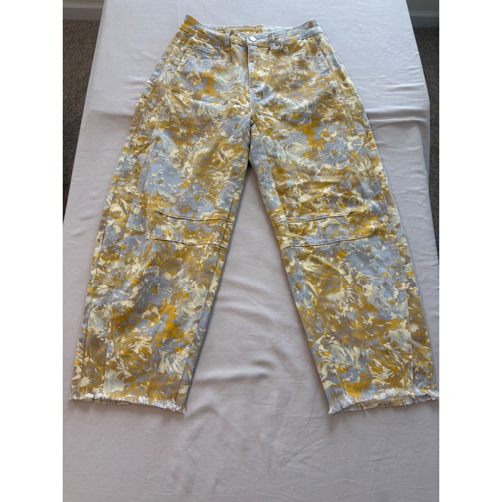 SHEIN Wm's Barrel Leg Yellow Blue Floral Jeans Raw Hem Floral Boho Festival